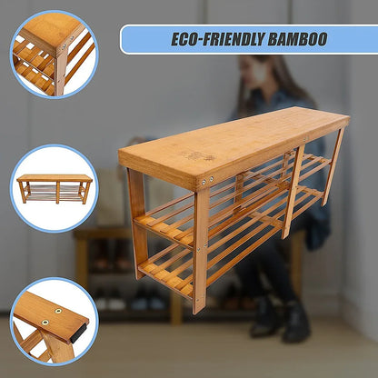 Bamboo Shoe Rack Wooden Bench Storage Organiser Cabinet Holder Stool - Mekamart Australia