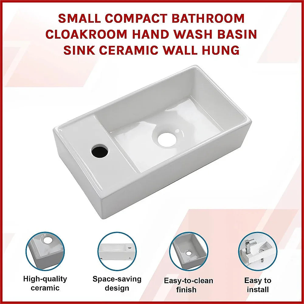 Small Compact Bathroom Cloakroom Hand Wash Basin Sink Ceramic Wall Hung - Mekamart Australia