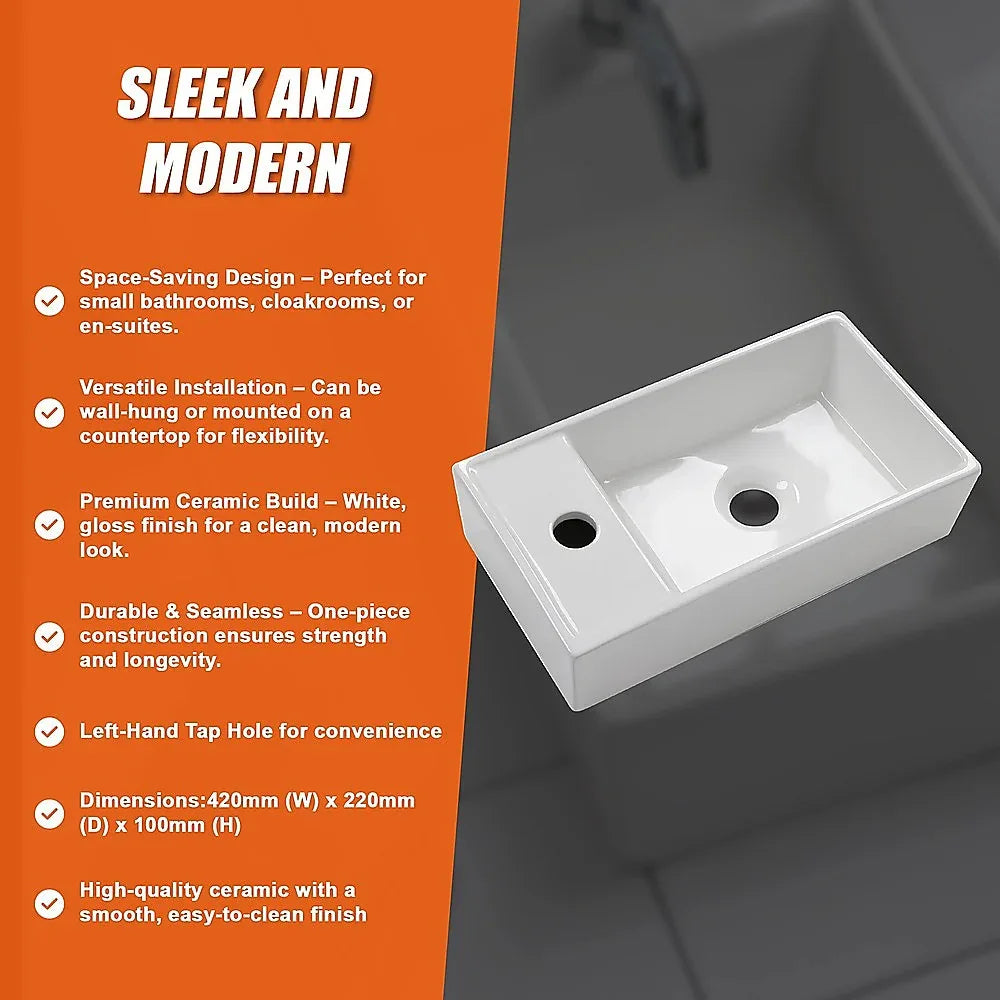 Small Compact Bathroom Cloakroom Hand Wash Basin Sink Ceramic Wall Hung - Mekamart Australia