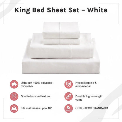 King Bed Sheet Set – 1800 Series Microfiber, Deep Pocket, Soft & Breathable, White