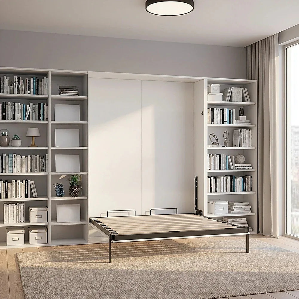 Double Wall Bed in White Gloss – Space Saving Murphy Bed Kit with Silver Door Handle - Mekamart Australia