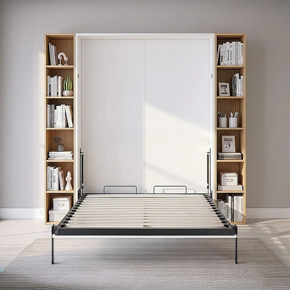 Double Wall Bed in White Gloss – Space Saving Murphy Bed Kit with Silver Door Handle - Mekamart Australia