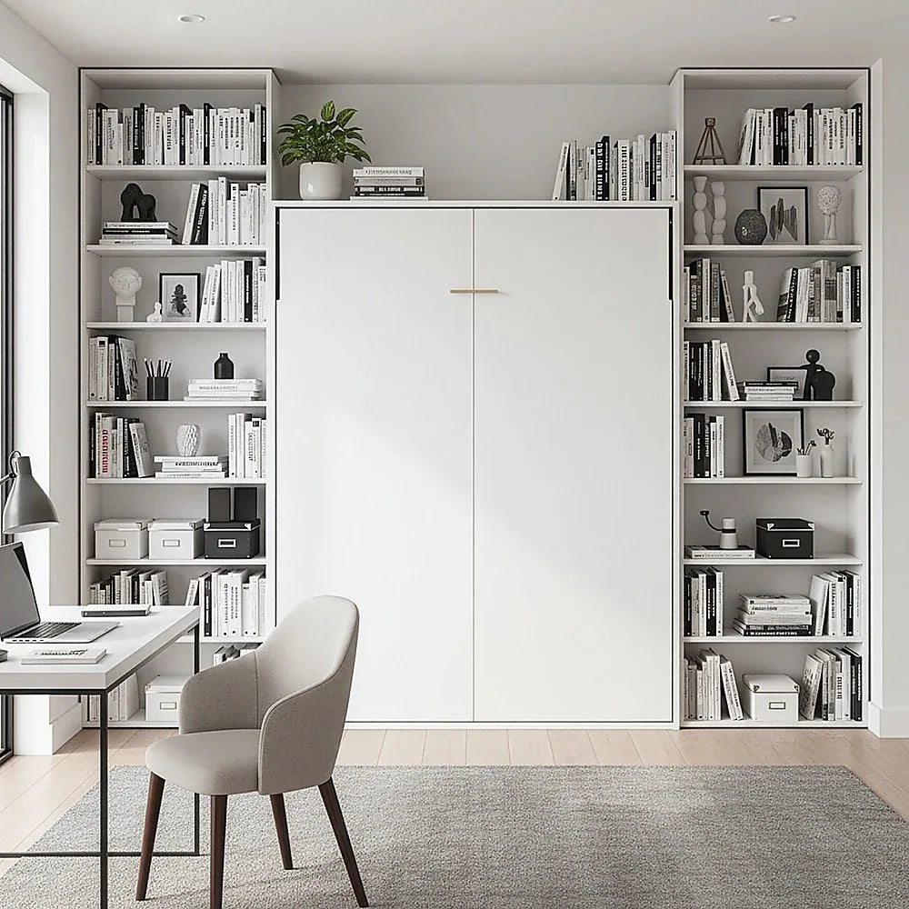 Double Wall Bed in White Gloss – Space Saving Murphy Bed Kit with Silver Door Handle - Mekamart Australia