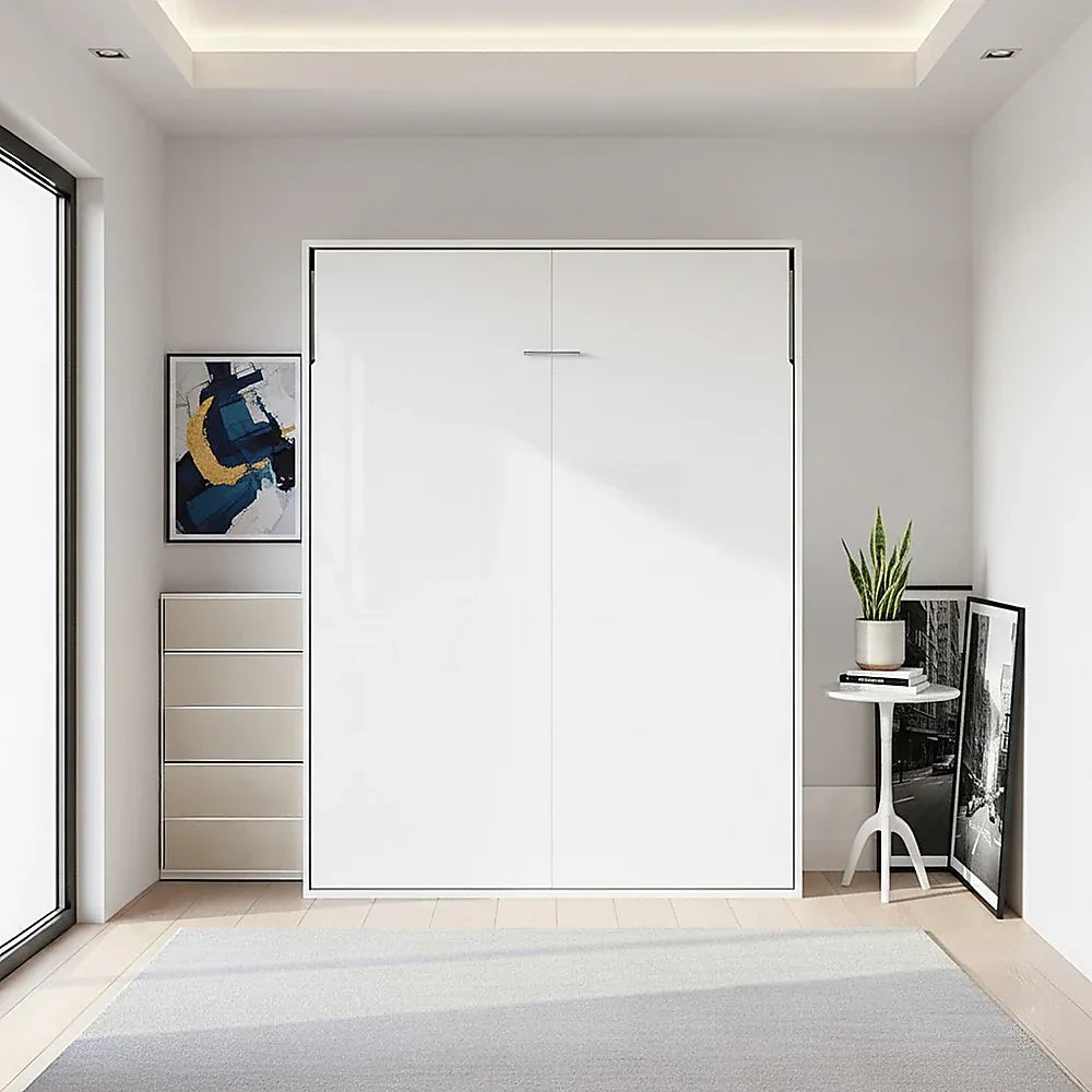 Double Wall Bed in White Gloss – Space Saving Murphy Bed Kit with Silver Door Handle - Mekamart Australia