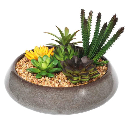 Potted Artificial Succulents with Round Decorative Bowl 19cm - Mekamart Australia