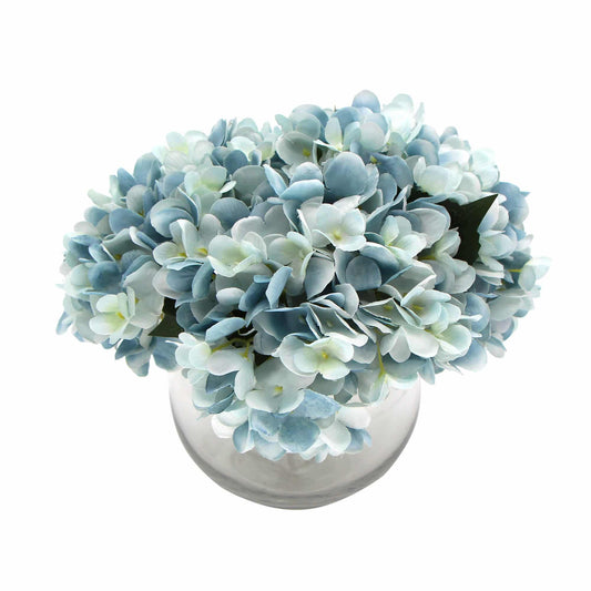 Premium Faux Hydrangea with Glass Vase (Artificial Flowering Blue Hydrangea) 23cm - Mekamart Australia