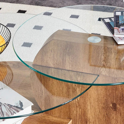 'MINORI' Double Layer Clear Tempered Glass Dark Wood Grain Coffee Table