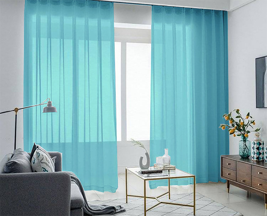 2 Long drop Sheer Voile Curtains 590cm x 270cm Drop+Hooks Pinch Pleat Lake Blue