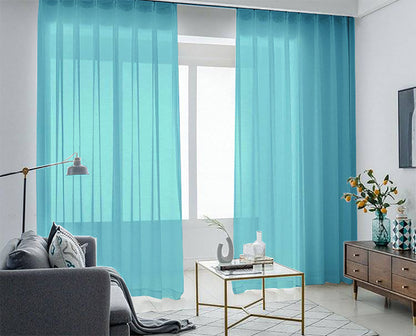 2 Long drop Sheer Voile Curtains 590cm x 270cm Drop+Hooks Pinch Pleat Lake Blue