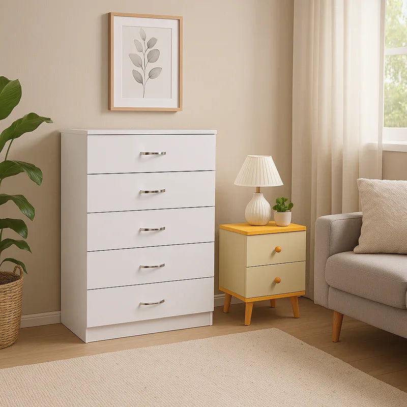 NNECN 5 Layer White Drawer Chest Storage with Bedside Table - Mekamart Australia