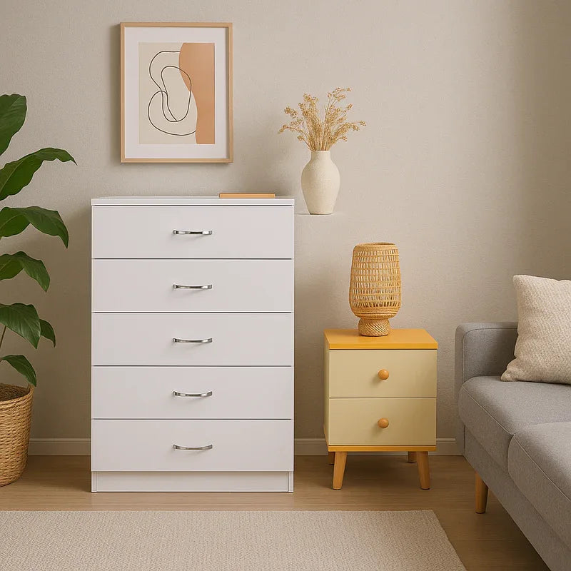 NNECN 5 Layer White Drawer Chest Storage with Bedside Table - Mekamart Australia