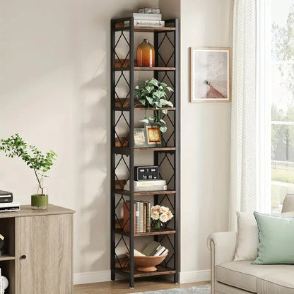 NNETMLT 78.7 Inch Extra Tall 7 Tier Skinny Bookcase, Rustic Brown