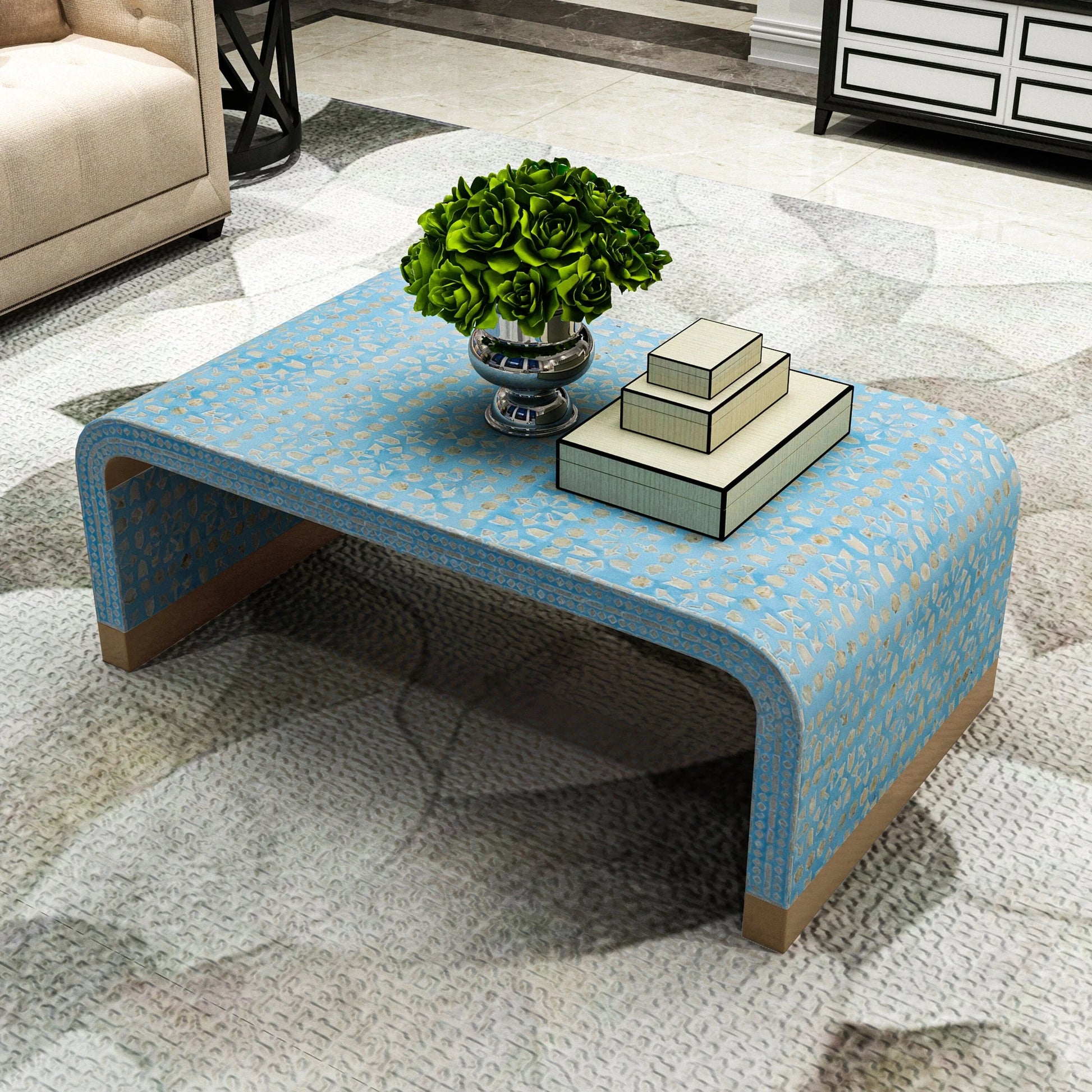 MOTHER OF PEARL MEDITERRANEAN BREEZE LOW PROFILE COFFEE TABLE - Mekamart Australia