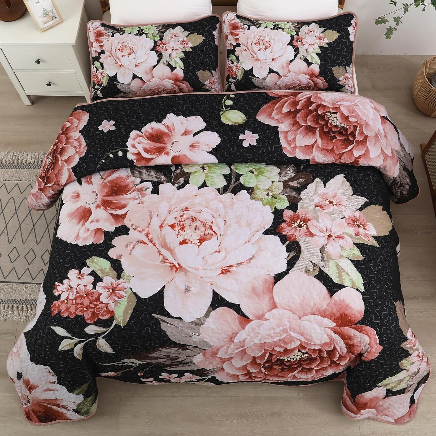 Botanical Evergreen Floral Cozy 3 Pc Bedspread & Pillow Cover Set
