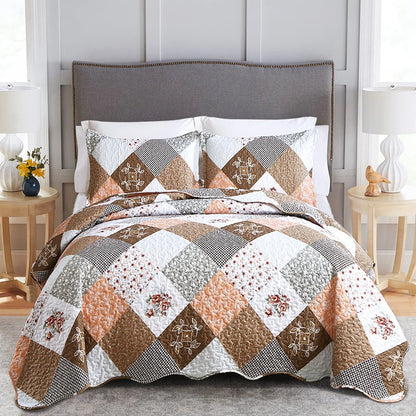Gleaming rust brown colo patchwork 3 Pc Bedspread & Pillow Cover Set
