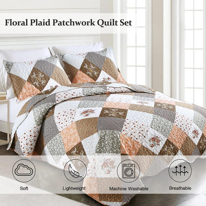 Gleaming rust brown colo patchwork 3 Pc Bedspread & Pillow Cover Set