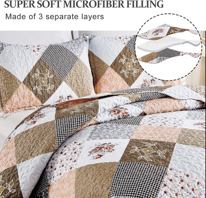 Gleaming rust brown colo patchwork 3 Pc Bedspread & Pillow Cover Set