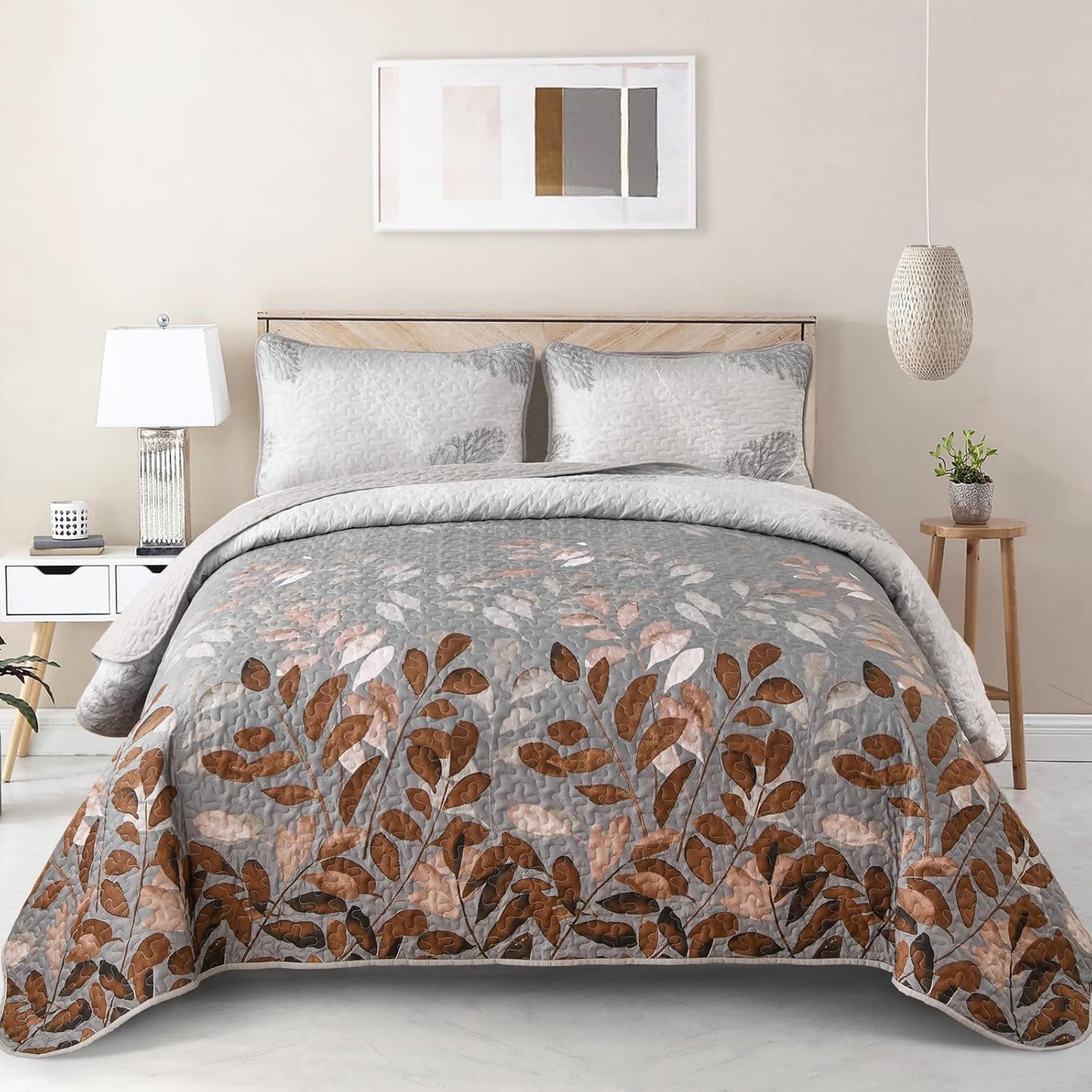 Gleaming rust grey Floral 3 Pc Bedspread & Pillow Cover Set