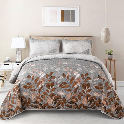 Gleaming rust grey Floral 3 Pc Bedspread & Pillow Cover Set