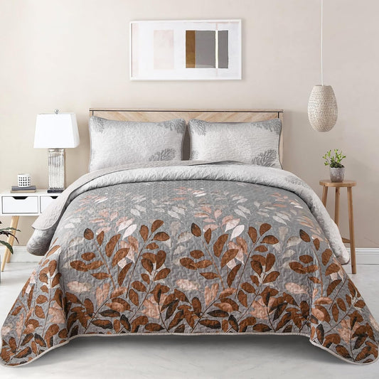 Gleaming rust grey Floral 3 Pc Bedspread & Pillow Cover Set