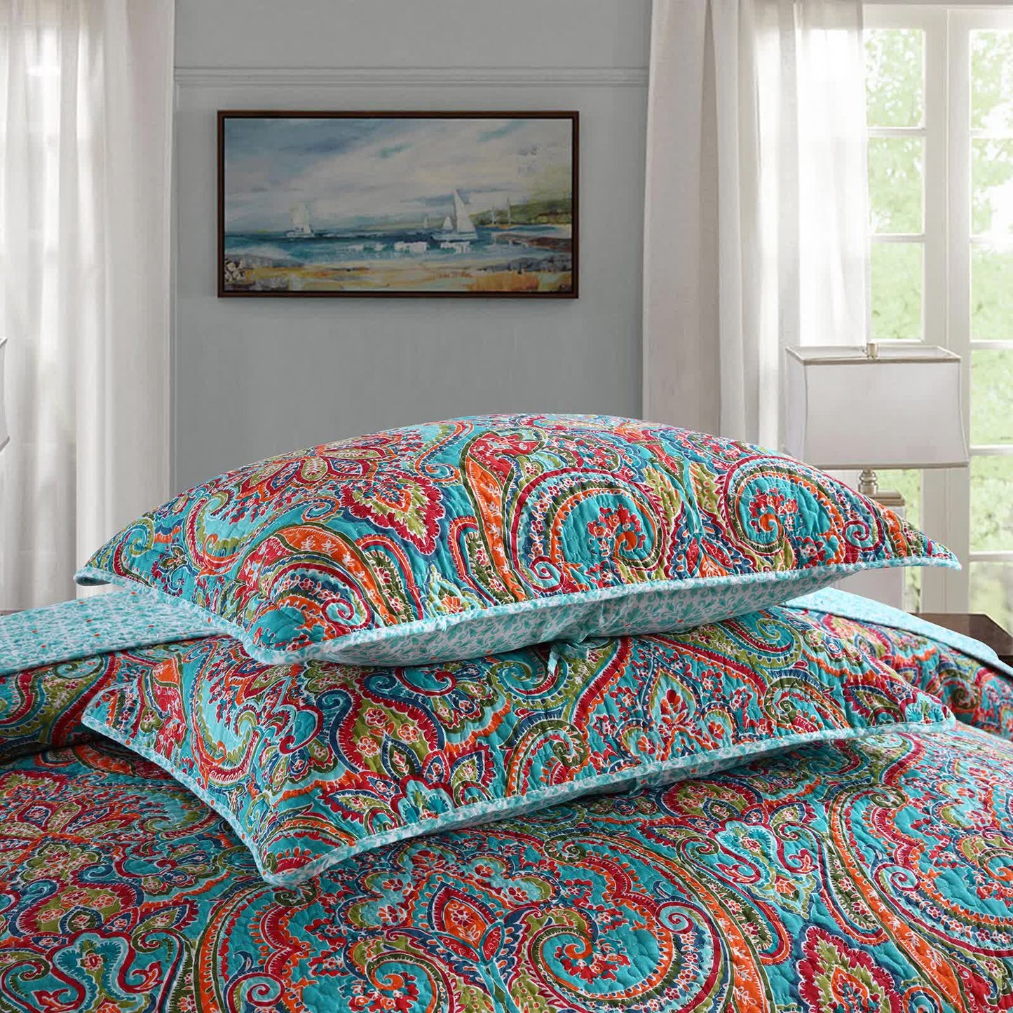 Blue Teal Boho Print Bedspread Quilt Set + Pillowcases