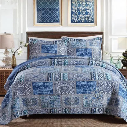 Boho Blue Quilted Coverlet & Pillow Set: Vibrant, Cozy Elegance - king