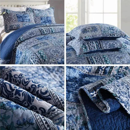 Boho Blue Quilted Coverlet & Pillow Set: Vibrant, Cozy Elegance - king