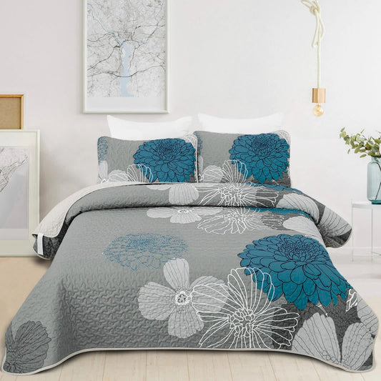Grey Azure Bloom Quilted Coverlet Bedspread Set with Pillow Covers