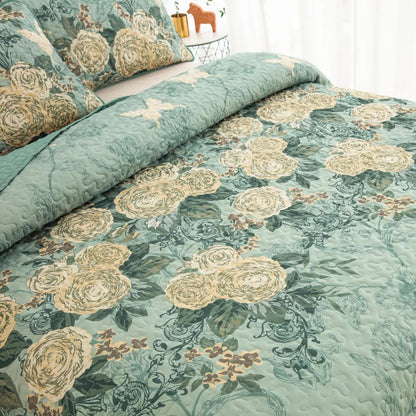 Meadow Butterfly Green Quilted Bedspread Set with Floral Details and Pillowcases