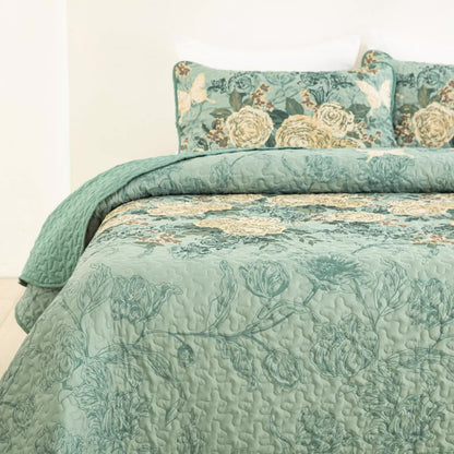 Meadow Butterfly Green Quilted Bedspread Set with Floral Details and Pillowcases