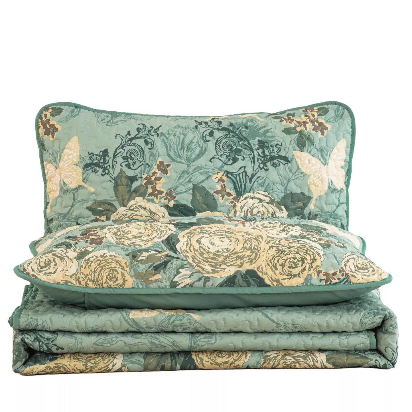 Meadow Butterfly Green Quilted Bedspread Set with Floral Details and Pillowcases
