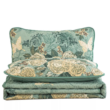 Meadow Butterfly Green Quilted Bedspread Set with Floral Details and Pillowcases