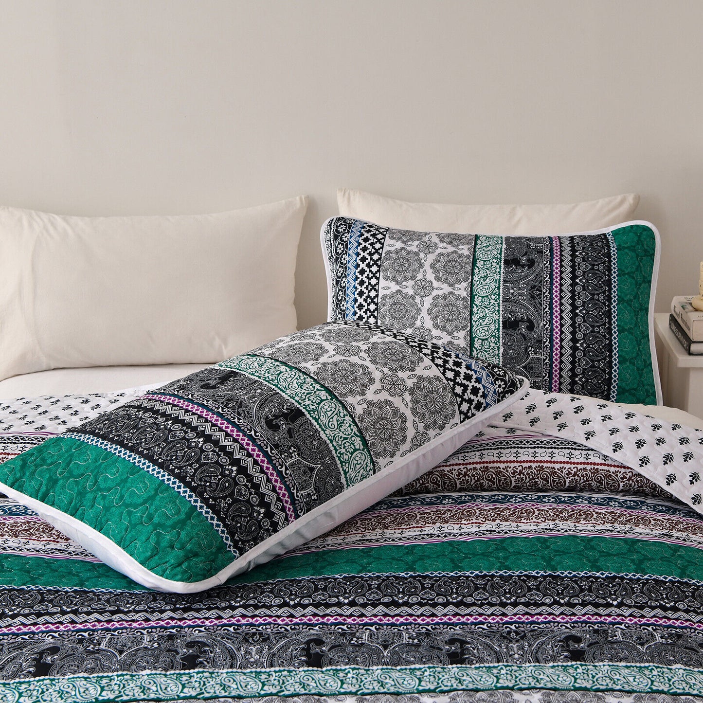 Romantic Blush green grey 3 Pc Bedspread & Pillow Cover Set