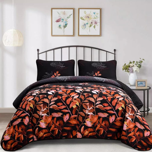 Black and Red  Leaves Quilted Bedspread & Pillowcase Set
