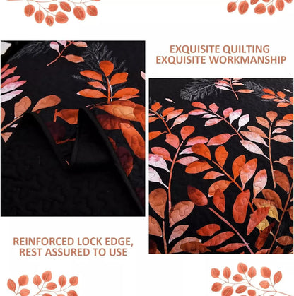 Black and Red  Leaves Quilted Bedspread & Pillowcase Set