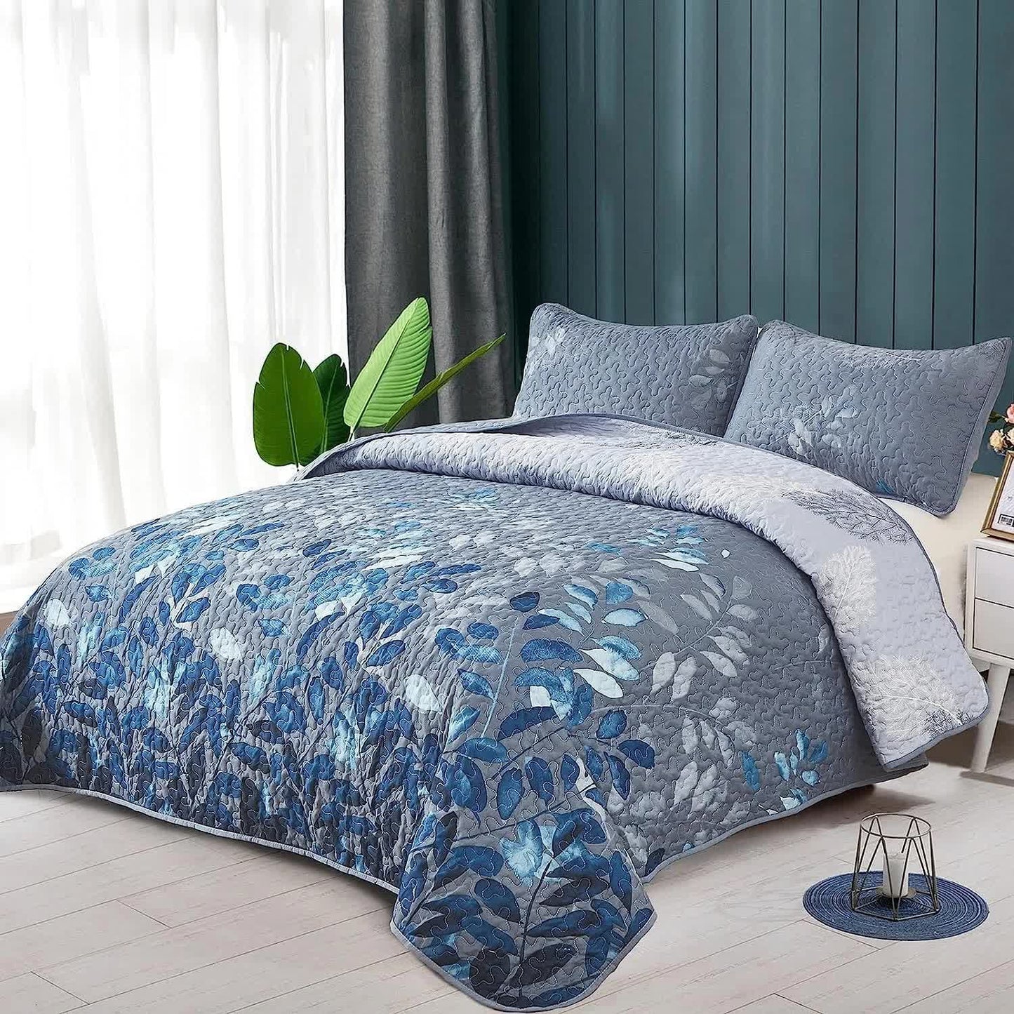 Blue Garden Coverlet Set with Quilted Floral Pattern and Pillowcases