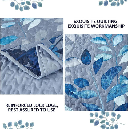 Blue Garden Coverlet Set with Quilted Floral Pattern and Pillowcases