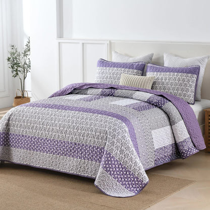 Bohemian Purple and White Quilted Bedspread or Coverlet Set and matching pillowcases
