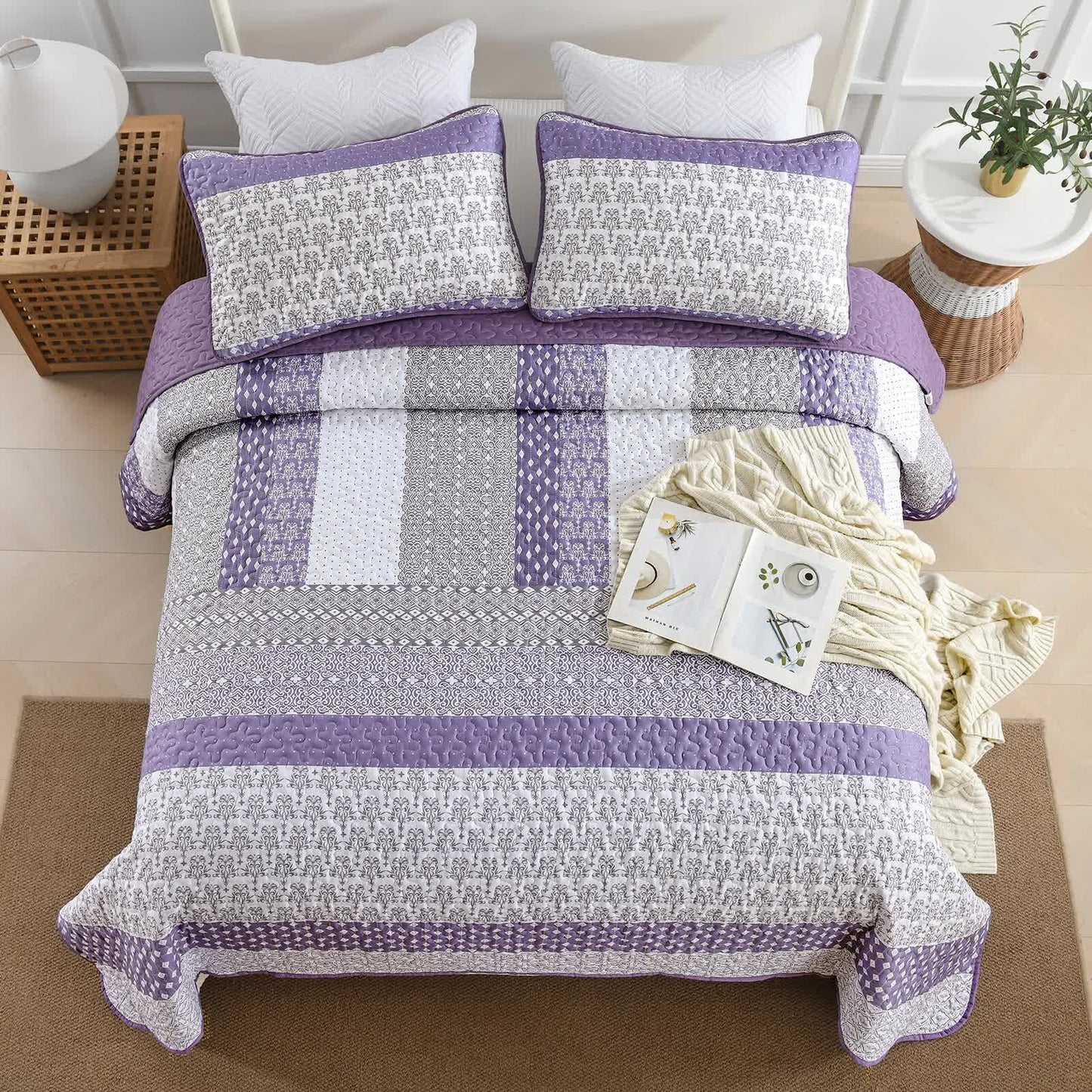 Bohemian Purple and White Quilted Bedspread or Coverlet Set and matching pillowcases