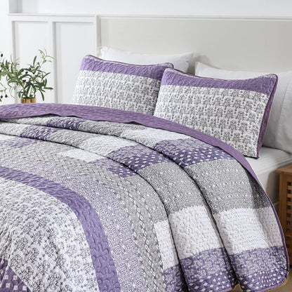 Bohemian Purple and White Quilted Bedspread or Coverlet Set and matching pillowcases