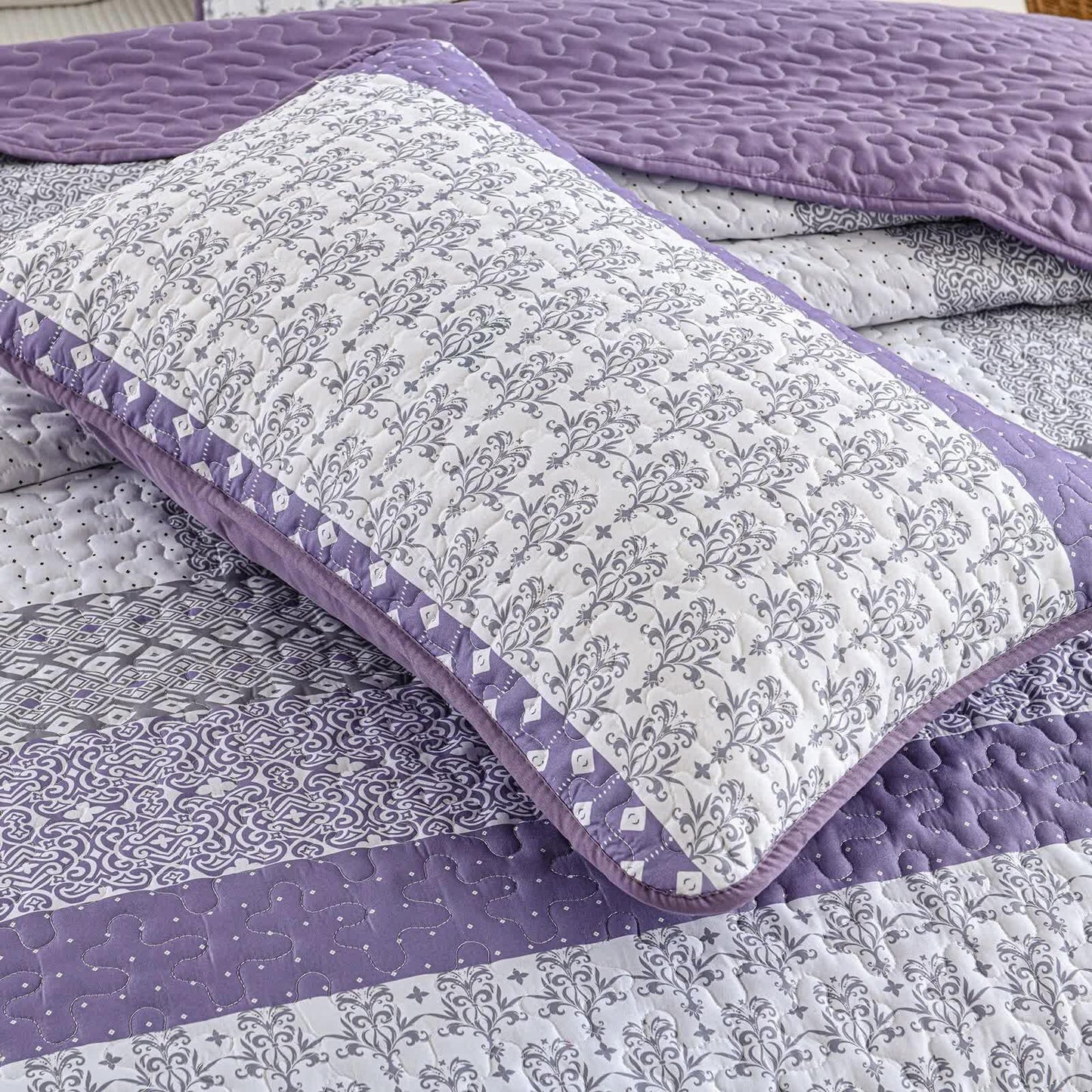 Bohemian Purple and White Quilted Bedspread or Coverlet Set and matching pillowcases