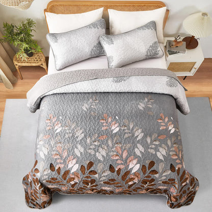Brown Verdant Quilted Ensemble with Flower Motifs bedspread  and Pillowcases