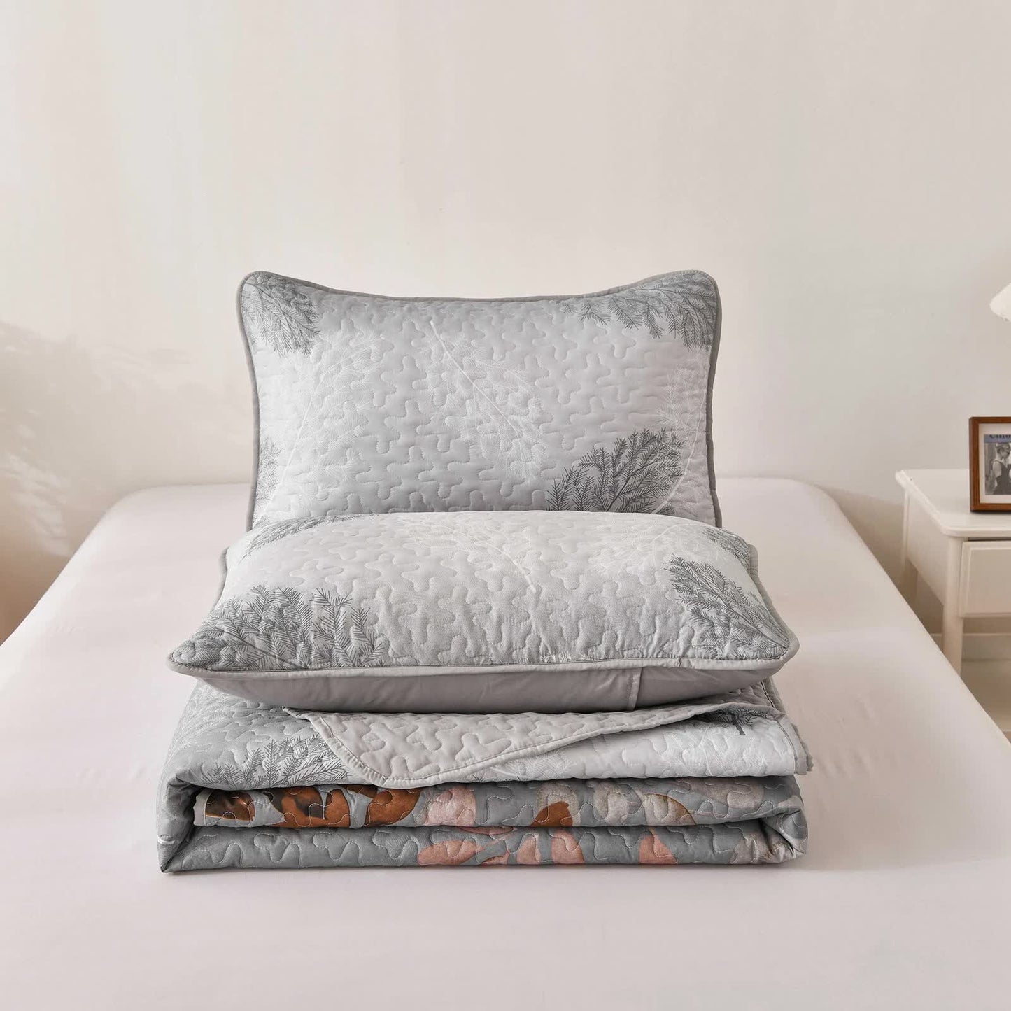 Brown Verdant Quilted Ensemble with Flower Motifs bedspread  and Pillowcases