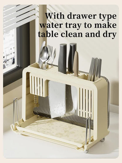 Cream White Multifunctional Kitchen Knife Holder - Integrated Storage Rack for Knives, Chopsticks, and Cutting Boards