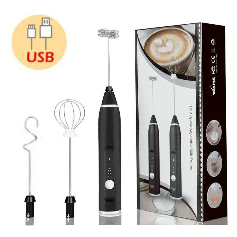 Black 304 Stainless Steel 3-Speed Handheld Electric Milk Frother, Egg Beater, Paint Mixer, and Milk Powder Blender