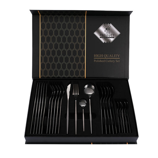 Black Color Premium 24-Piece Stainless Steel Cutlery Set - Elegant Golden Steak Knife, Fork, and Spoon Set in Luxury Gift Box