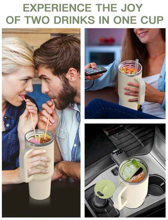 Off White 40oz Silicone Dual-Chamber Cup Separator - Food-Grade Drink Divider, Cold Drink Mug with Separate Compartments, BPA-Free Silicone Liner for Beverages, Juice, Coffee, and Tea