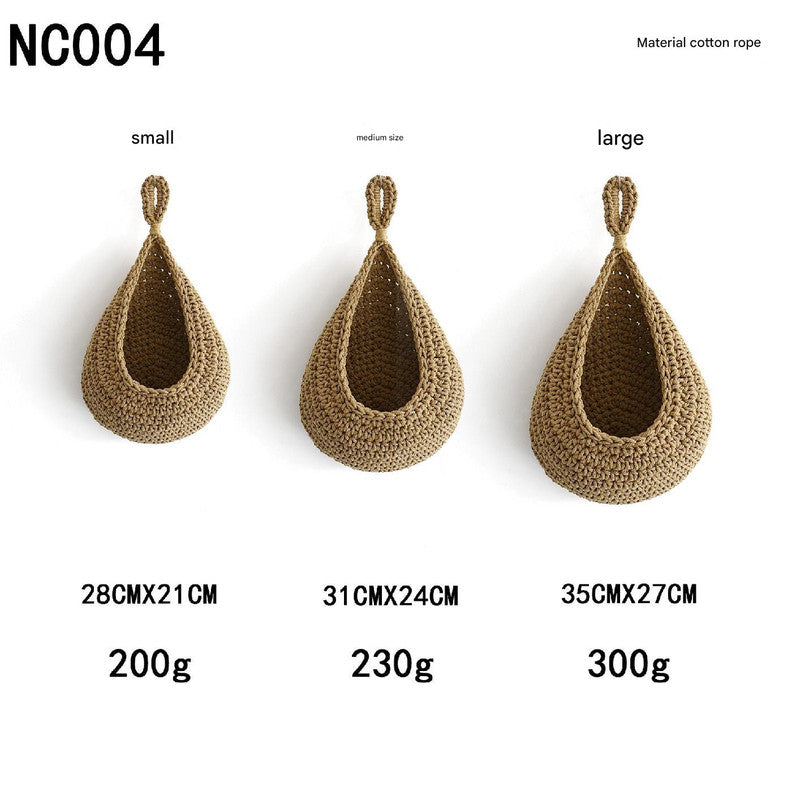 Khaki 3-Piece Wall-Mounted Cotton Rope Storage Baskets – Large, Medium, and Small Hand-Woven Fruit/Vegetable/Storage Nets (Large weight 300g, Medium weight 230g, Small weight 200g)
