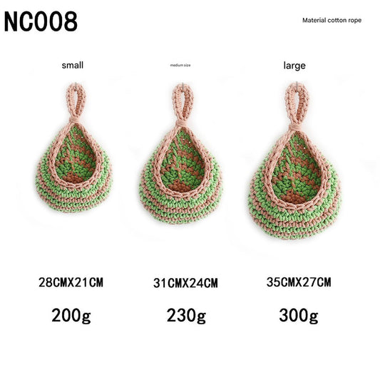 Green And Pink 3-Piece Wall-Mounted Cotton Rope Storage Baskets – Large, Medium, and Small Hand-Woven Fruit/Vegetable/Storage Nets (Large weight 300g, Medium weight 230g, Small weight 200g)