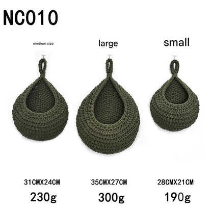 Green 3-Piece Wall-Mounted Cotton Rope Storage Baskets – Large, Medium, and Small Hand-Woven Fruit/Vegetable/Storage Nets (Large weight 300g, Medium weight 230g, Small weight 200g)